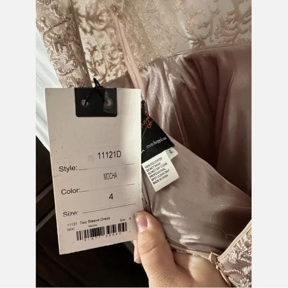 NWT $998 Mac Duggal [ 4 ] Floral Embellished Long Sleeve A-Line Gown Mocha‎ Pink - Picture 3 of 16